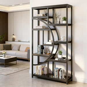 English Elm Geometric Nine Shelf Iron Frame Bookcase Rustic Industrial Freestanding Display Tower T3971P448087