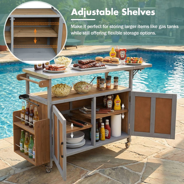 English Elm Foldable Outdoor Kitchen Cart with Stainless Worktop Fir Wood Frame and Lockable Wheels Espresso,Grey N719P380279Z