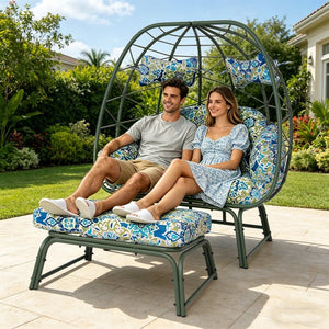 English Elm Double Wicker Egg Chair with Ottoman Bohemian Rattan Outdoor Lounge for Patio T5880P501486