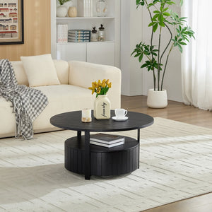 English Elm Round Storage Coffee Table with Drawer Ash Wood Grain Matte Finish Modern Living Room Black W2085P384595