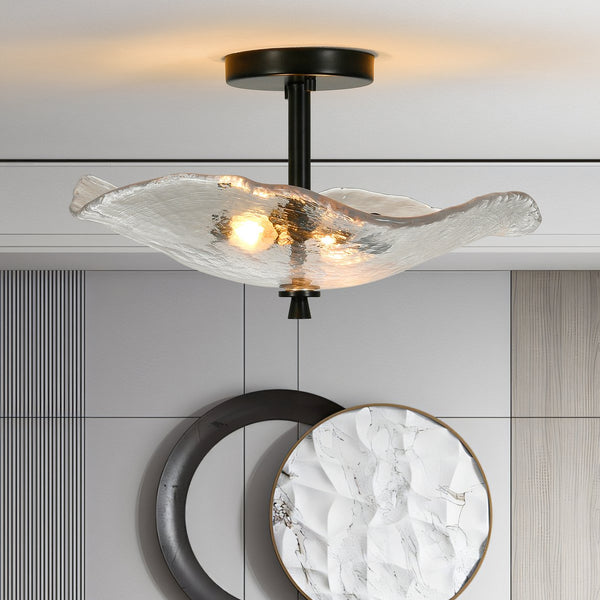 English Elm Ceiling Modern Flush Mount Light with Water Ripple Glass Shade, Black Semi-Flush LED Fixture for Hallway Bedroom Porch W2312P390005