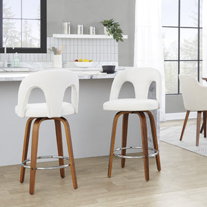 English Elm Fixed-height Swivel Counterstools with Walnut Legs Chrome Footrest and White Upholstery B202S01788