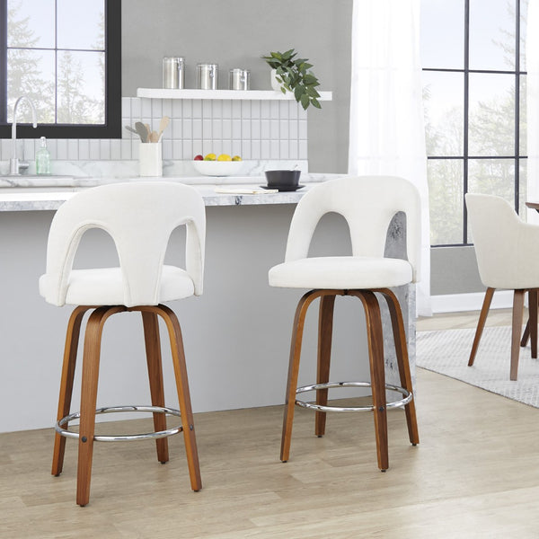 English Elm Fixed-height Swivel Counterstools with Walnut Legs Chrome Footrest and White Upholstery B202S01788