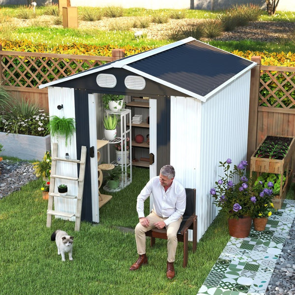 English Elm Campcraft 8x6 Outdoor Metal Storage Shed with Lockable Doors and Ventilation for Backyard White W1598S00045