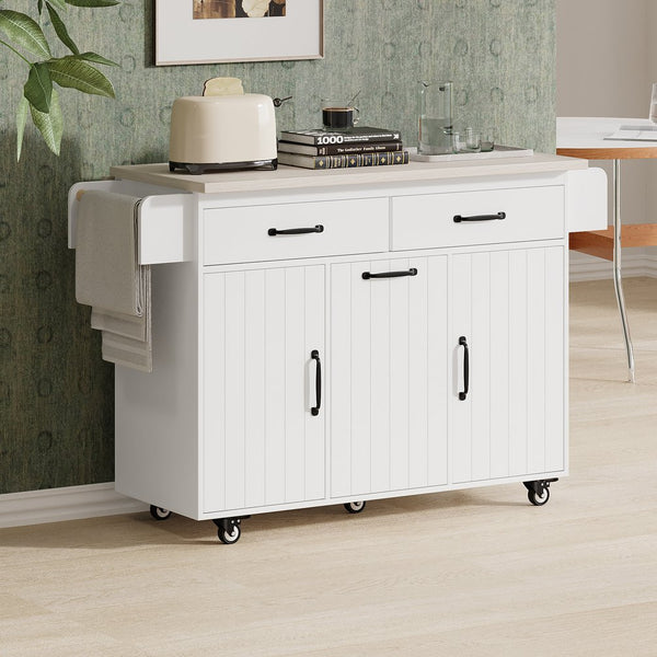 English Elm K&K Kitchen Island with Tilt-Out Trash Can, Drop Leaf Counter, Adjustable Shelf, Rolling Cart Ameican White Oak WF326381AAW