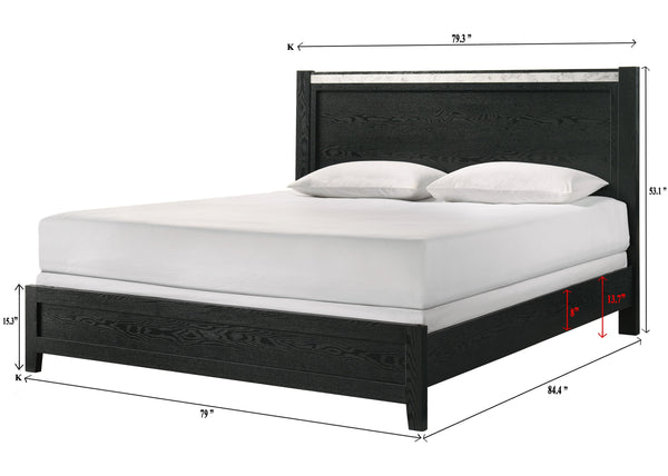 English Elm 1pc Queen Panel Bed with Faux Marble Accents and Upholstered Headboard for Contemporary Retreat Black,White 81.81 L x 30 W x 4.96 H B2741S00590