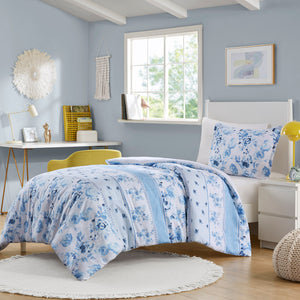 JLA Home Intelligent Design - Floral Vintage-Striped Duvet Set with Antimicrobial Finish, OEKO-TEX, Button Closure & Ties 90 L x 68 W x 0.13H ID12-2328