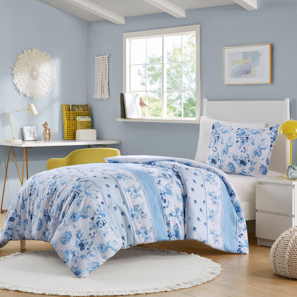 JLA Home Intelligent Design - Floral Vintage-Striped Duvet Set with Antimicrobial Finish, OEKO-TEX, Button Closure & Ties 90 L x 68 W x 0.13H ID12-2328