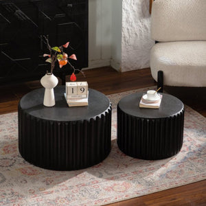 English Elm Black Scalloped Nesting Coffee Tables Matte Sculptural Oval Set for Modern Living Rooms Black W3081P389077