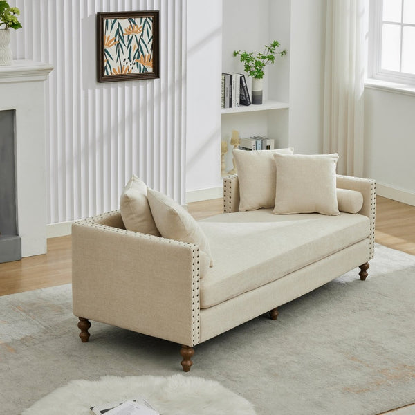 English Elm 75.2'' Chenille Upholstered Daybed Chaise with Nailhead Trim and Rubberwood Legs Beige W3188S00056