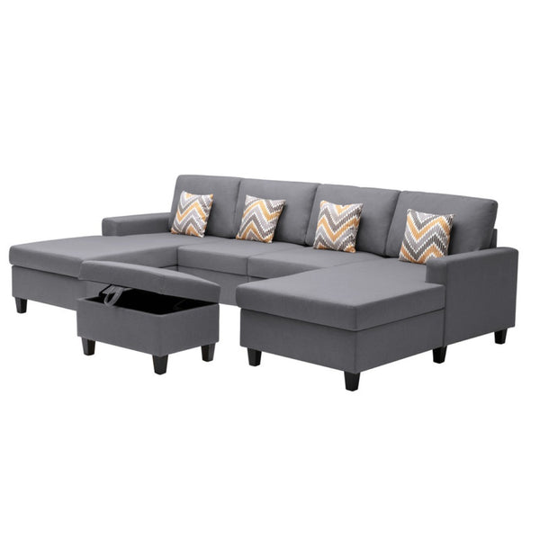 English Elm Nereo Gray Linen Double Chaise Sectional with Storage Ottoman for Spacious Living B2749S00126