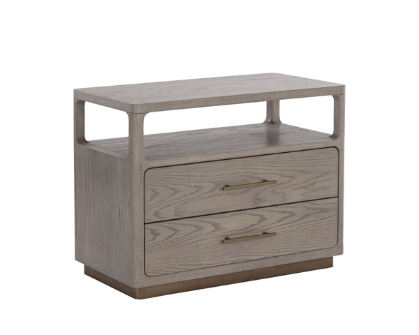 Sunpan Danette Nightstand - Minimalist Grey Oak Design with Warm Brass Hardware & Open Top Shelf for Decor