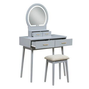 English Elm Beautiful LED Vanity Dresser with Touch Mirror and Padded Stool, Luxe Wood Finish, Brass Pulls, Storage Gray 33.75 L x 21.75 W x 13.25 H B011P347849