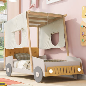 English Elm Wood Twin Car Bed with Pillow, Ceiling Canopy & LED Night Lights, Solid Pine Frame, Fun Kids Ride Bed - Twin Size, Natural Finish WF309288AAM