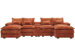 English Elm 120-inch Modular U-shaped Sectional Woolen Sofa with Usb Console Six Seat Living Room Orange W2564S00104
