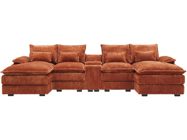 English Elm 120-inch Modular U-shaped Sectional Woolen Sofa with Usb Console Six Seat Living Room Orange W2564S00104