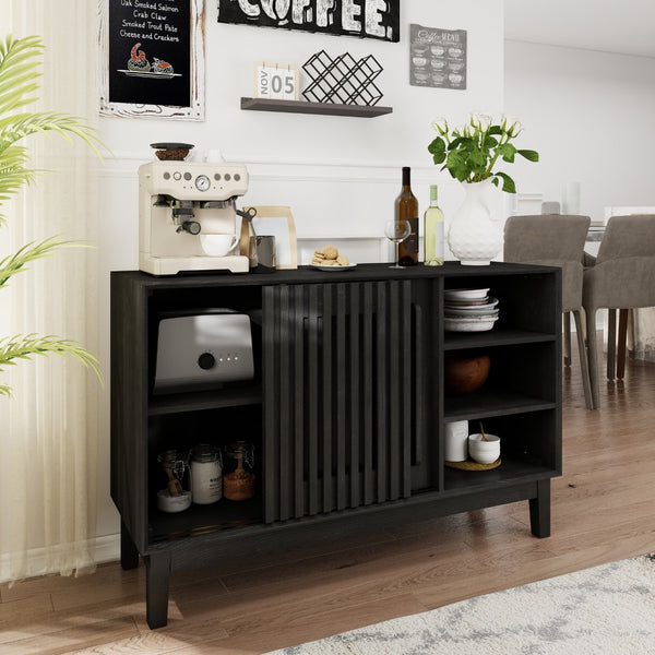 English Elm 47.3" Fluted Farmhouse Sideboard with Solid Wood Feet and Open Shelving for Dining Rooms W1801P428581