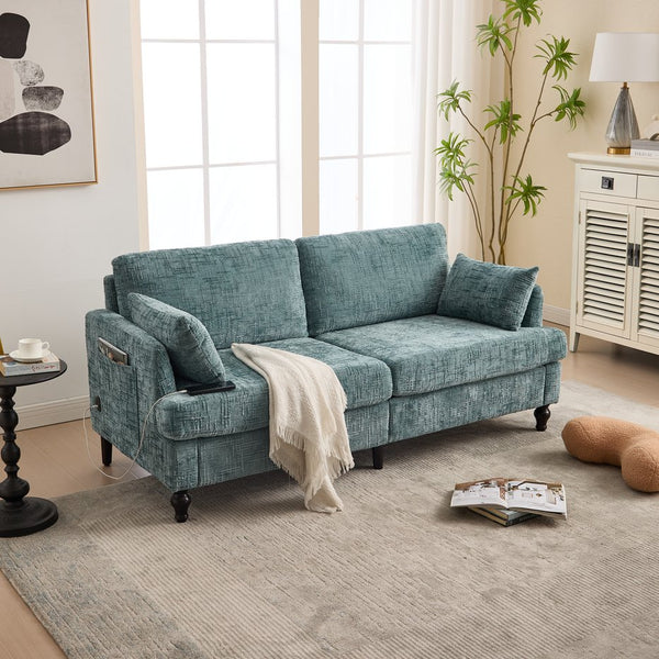 English Elm Modern chenille 2-seater sofa with LED lighting, USB charging, storage pocket, sturdy wood legs Lake Blue W395P318545