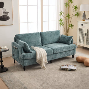 English Elm Modern chenille 2-seater sofa with LED, USB charging, storage pocket, solid wood legs, durable comfort Lake Blue W395P318545