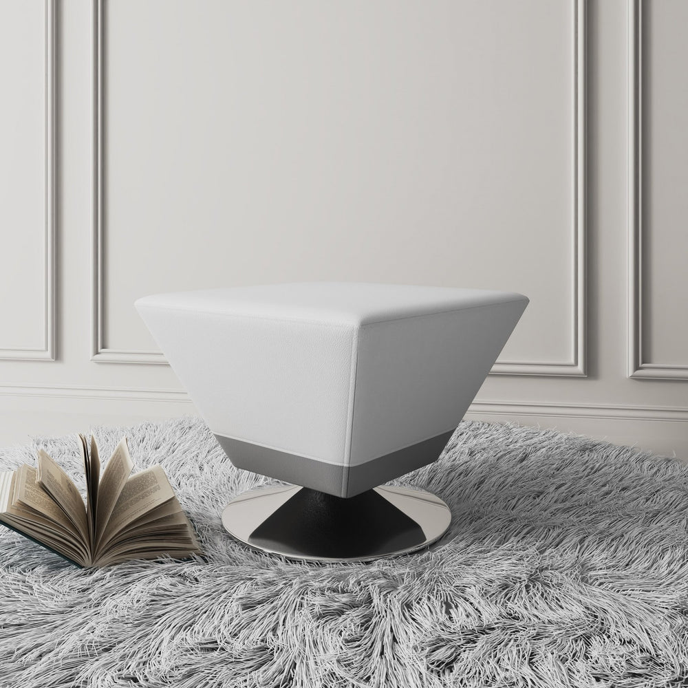 English Elm Diamond Geometric Swivel Ottoman with Faux Leather Top, High-Density Foam, Chrome Round Base White B365P397866