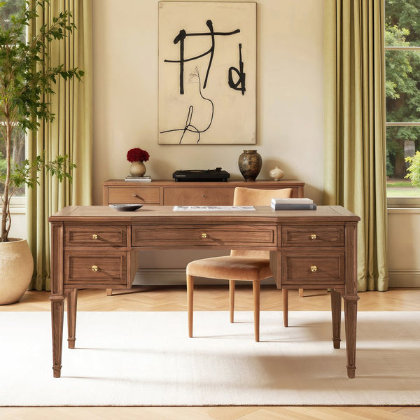 English Elm Jennifer Taylor Home - Dauphin Elegant Gold-Trim 5-Drawer Executive Desk in Ash Wood Veneer with Soft-Close Storage Appeal Brown B2719P408078