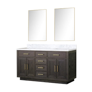 English Elm Brown Oak Double Bath Vanity Set With Carrara Marble Top & Mirrors – Elegant 60" Design For Luxury B2731S01531