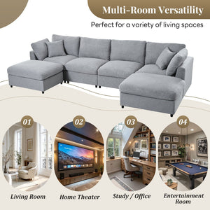 English Elm U_style Six Seat Chenille U Shaped Sectional Modular Sofa with Movable Ottomans Grey WY000474AAE