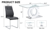 English Elm 1 Table and 6 Chairs Set.63"X35.4 Rectangular Transprant Tempered Glass Dining Tabletop With White Mdf Oc Shaped Bracket.Paried With 6 Black High-Quality Pu Chairs With Silver Metal Legs.