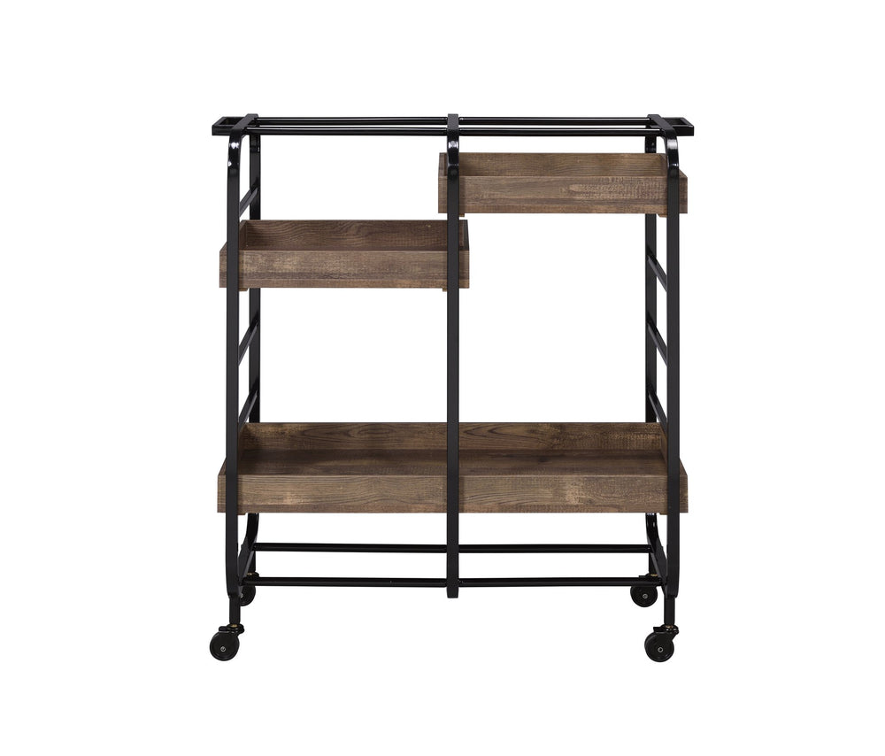 English Elm Vorrik Black & Walnut Finish Serving Cart with 3 Adjustable Wooden Trays, Metal Frame & Casters — Stylish Hostess Trolley B2726P272331