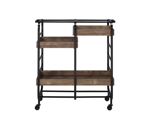 English Elm Vorrik Black & Walnut Finish Serving Cart with 3 Adjustable Wooden Trays, Metal Frame & Casters — Stylish Hostess Trolley B2726P272331