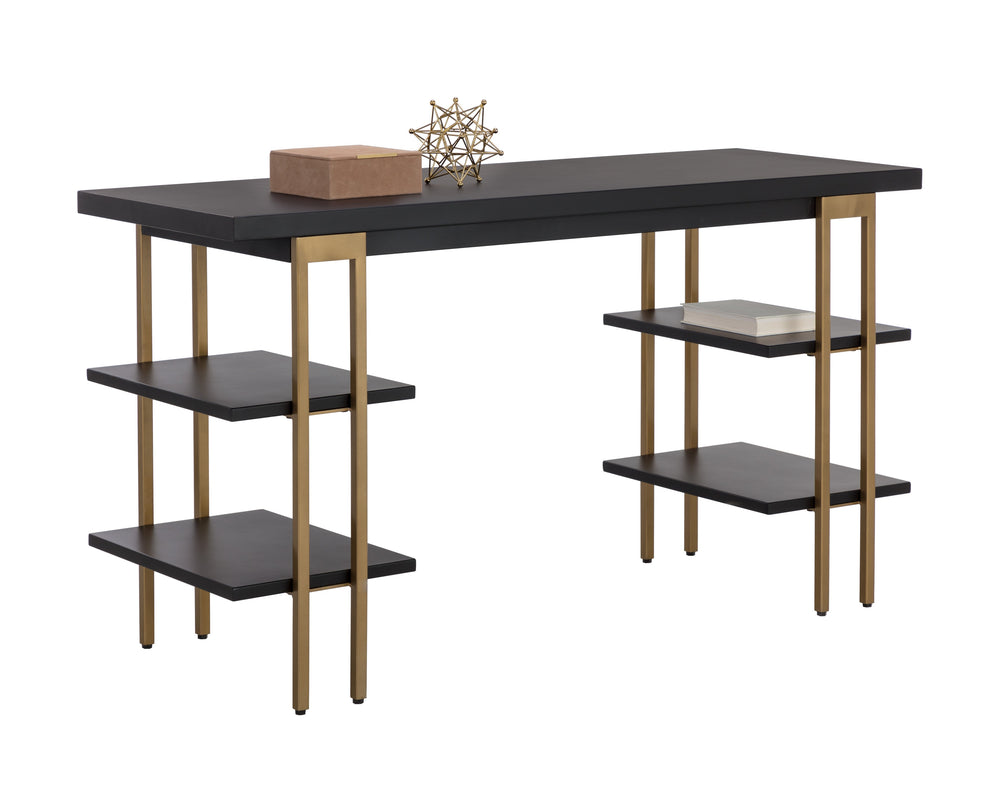 Sunpan Levigne Modern Geometric Desk with Black Iron Shelving & Antique Brass Legs – Chic Office Furniture