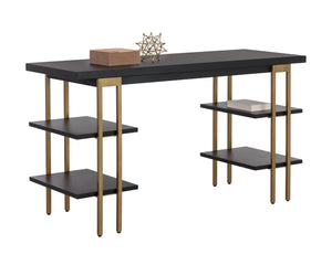Sunpan Levigne Modern Geometric Desk with Black Iron Shelving & Antique Brass Legs – Chic Office Furniture