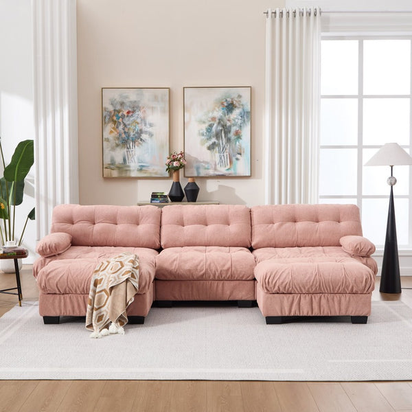 English Elm U Shaped Modular Cloud Sectional Deep Seat Flannelette Sofa with Rounded Bolster Armrests Pink W2120S00040