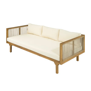 English Elm Outdoor Acacia Wood Sofa with Woven Rope Accents Teak Finish Patio Seating Light Brown,Teak+ Beige N770P354675B