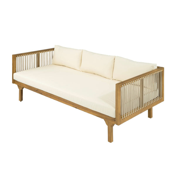 English Elm Outdoor Acacia Wood Sofa with Woven Rope Accents Teak Finish Patio Seating Light Brown,Teak+ Beige N770P354675B