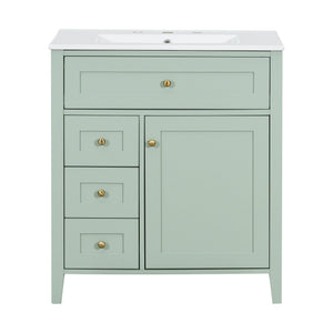 English Elm 30-Inch Contemporary Bathroom Vanity with Sink, MDF & Rubberwood, Glossy Finish, 3 Drawers + Cabinet Green N725P350819F