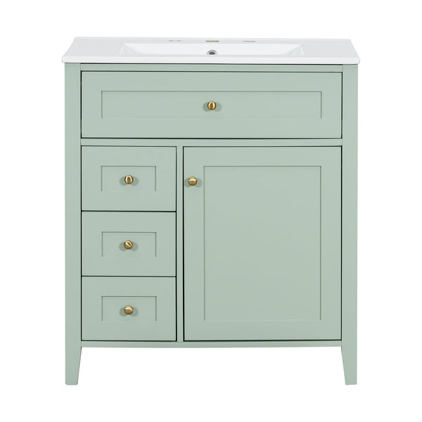 English Elm 30-Inch Contemporary Bathroom Vanity with Sink, MDF & Rubberwood, Glossy Finish, 3 Drawers + Cabinet Green N725P350819F