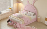 English Elm Full Size Upholstered Rabbit-Shape Bed With 2 Storage Stools, Velvet Platform Bed With Cartoon Ears Shaped Headboard, Pink