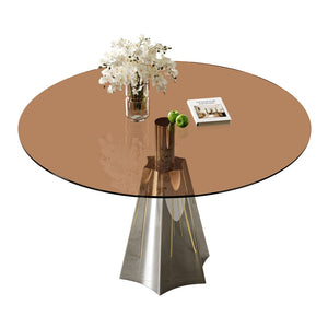 English Elm Compact Round Pedestal Dining Table Black Tempered Glass Mid-century Silver Base W2700S00080