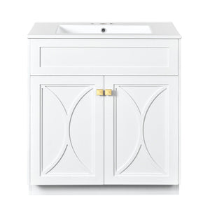 English Elm 30'' Bathroom Vanity With Ceramic Sink Combo - Modern Freestanding Cabinet, Gold Handles & Soft-Close Doors N710P194898K