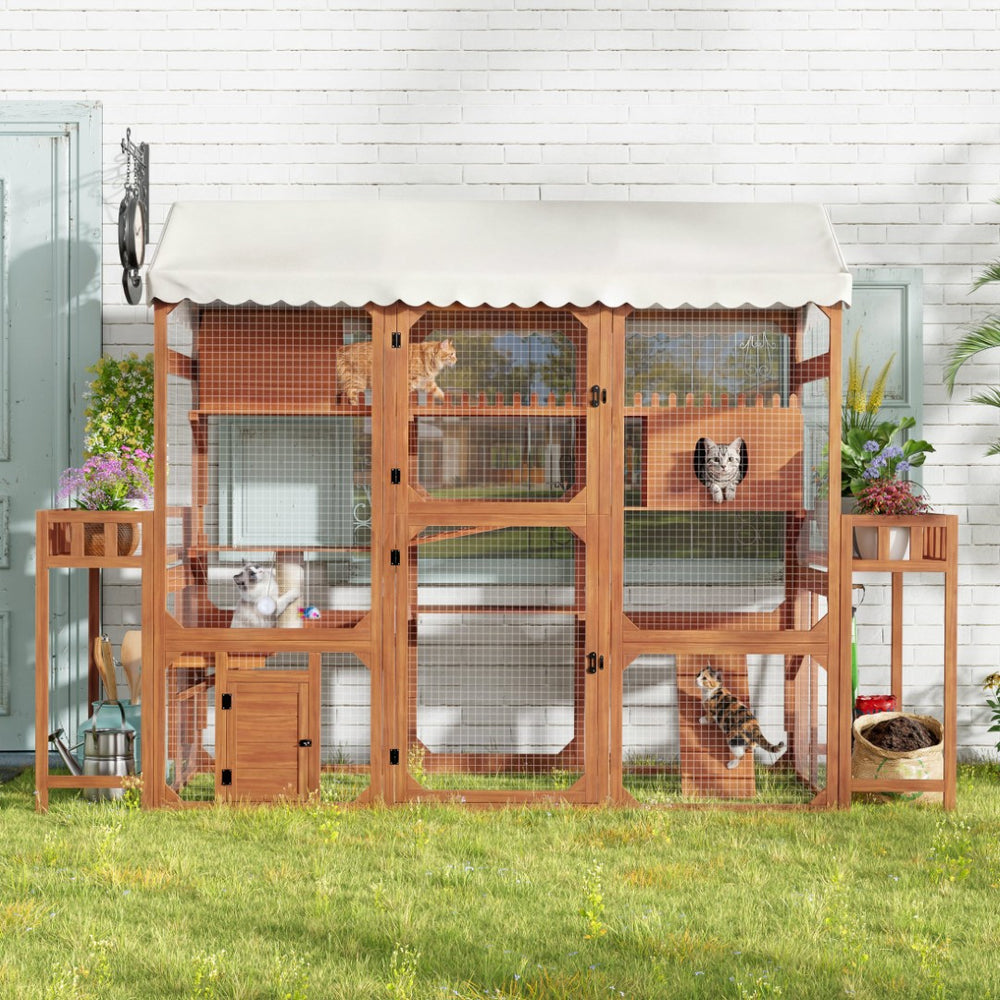 English Elm Large Pine Wood Catio Outdoor Cat Enclosure with Wire Mesh and Dual Plant Stands Brown N704G201617P