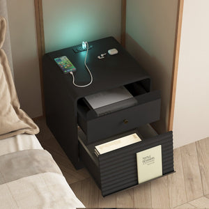 English Elm Nightstand Smart Bedside Cabinet with Led Strip Charging Station and Voice Night Light Black W1321P413943
