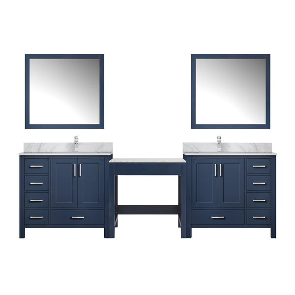 English Elm Navy Blue Double Bath Vanity 102" W With Carrara Marble Top, Chrome Faucets, & Stylish Mirrors Set B2731S01229