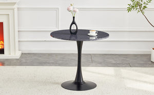 English Elm Round Faux Marble Tulip Pedestal Dining Table Mid Century Modern for Small Bistro Spaces Black+Gery W2920P405346