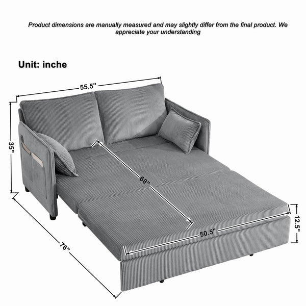 English Elm 55"convertible Corduroy Sofa Bed with Usb Port and Side Pockets for Small Apartments Grey W3373P405041