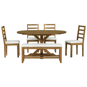 English Elm Topmax Farmhouse Extendable Pedestal Dining Set Seats Six with Ladder Back Chairs Beige,Dark Brown N717S000060D