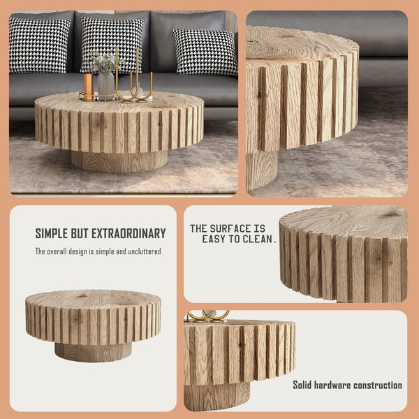 English Elm Modern Minimalist Circular Coffee Table 31.4'' - Natural Wood Finish, Durable & Versatile Design W1727P251152