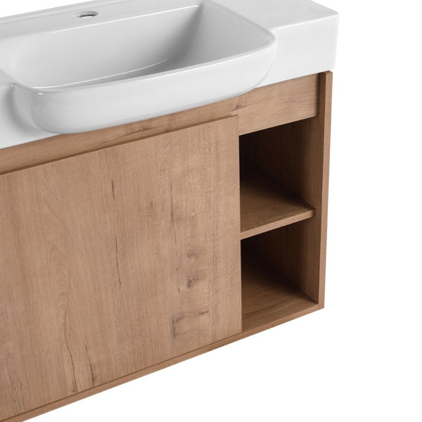 English Elm 28'' Floating Bathroom Vanity with Ceramic Sink Soft Close Door Melamine Cabinet Imitative Oak W999P426637