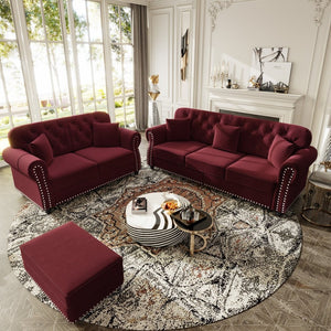 English Elm Upholstered Velvet Chesterfield Sofa with Button Tufting Nailhead Trim and Ottoman Burgundy W1885S00396