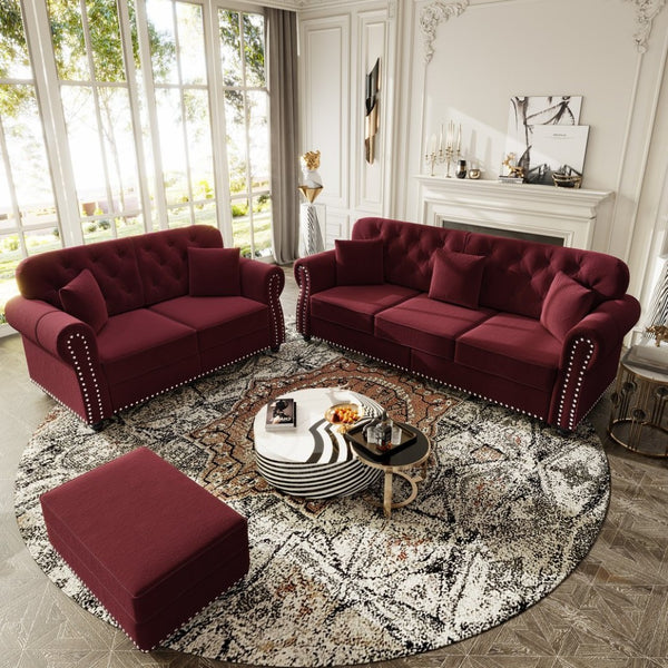 English Elm Upholstered Velvet Chesterfield Sofa with Button Tufting Nailhead Trim and Ottoman Burgundy W1885S00396